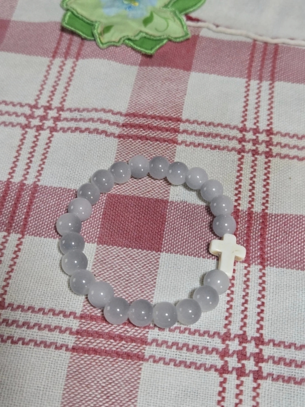 Gray Glass Beaded Cross Bracelet Like New